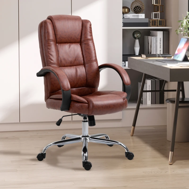 Vinsetto Office Chair, PU Leather Desk Chair with 13cm Soft Padded Seat and Backrest, Swivel Chair with Adjustable Height and Rolling Wheels, Brown