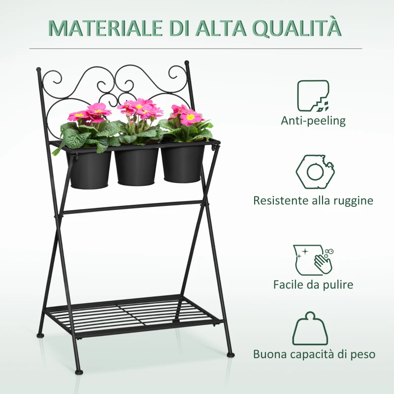 Outsunny Portapiante in Metallo Pieghevole con 3 Vasi e Ripiano Inferiore per Casa e Giardino, 47x37x78.5cm, Nero