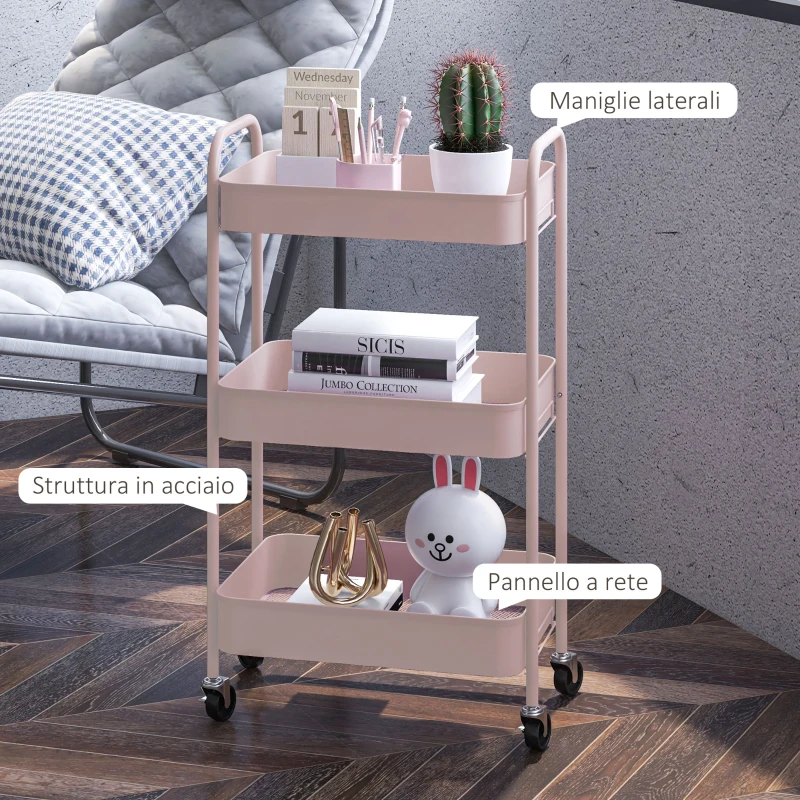 HOMCOM Carrello da Cucina a 3 Livelli con Maniglie e 4 Rotelle, in Acciaio, 45x30.6x79 cm, Rosa