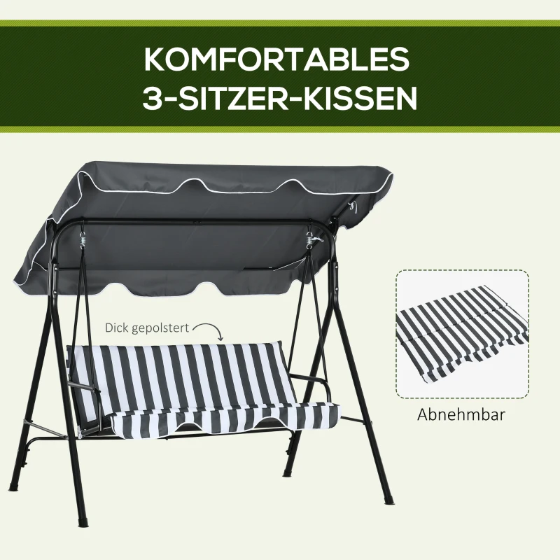 Outsunny Hollywoodschommel, tuinschommel, 3-zits schommelbank met dak, staal, 172 x 110 x 153 cm, Grijs+Wit