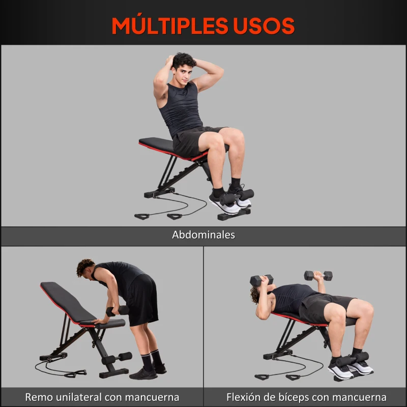 HOMCOM Banco de Musculación Plegable con Respaldo y Asiento Ajustables Extensión de Pierna Cojín de Predicador Banda Negro