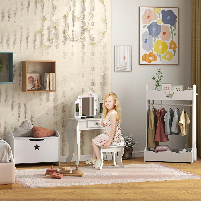 HOMCOM Toeletta per Bambini con Sgabello, Tavolo Trucco con Triplo Specchio e Cassetto, 63x40x85.5cm, Bianco