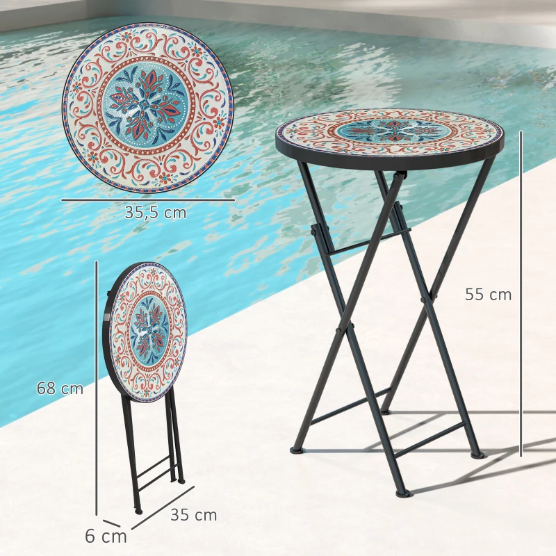 Outsunny Mozaïek Tuintafel, Opvouwbare ronde terrastafel met Metalen Frame en Keramische Tafelblad, Mozaïekpatroon, Meerkleurig