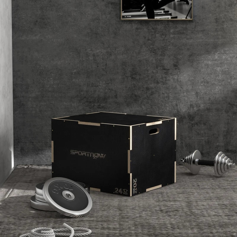 SPORTNOW Box pliometric cu 3 înălțimi din lemn antiderapant, 76-61-51 cm, negru