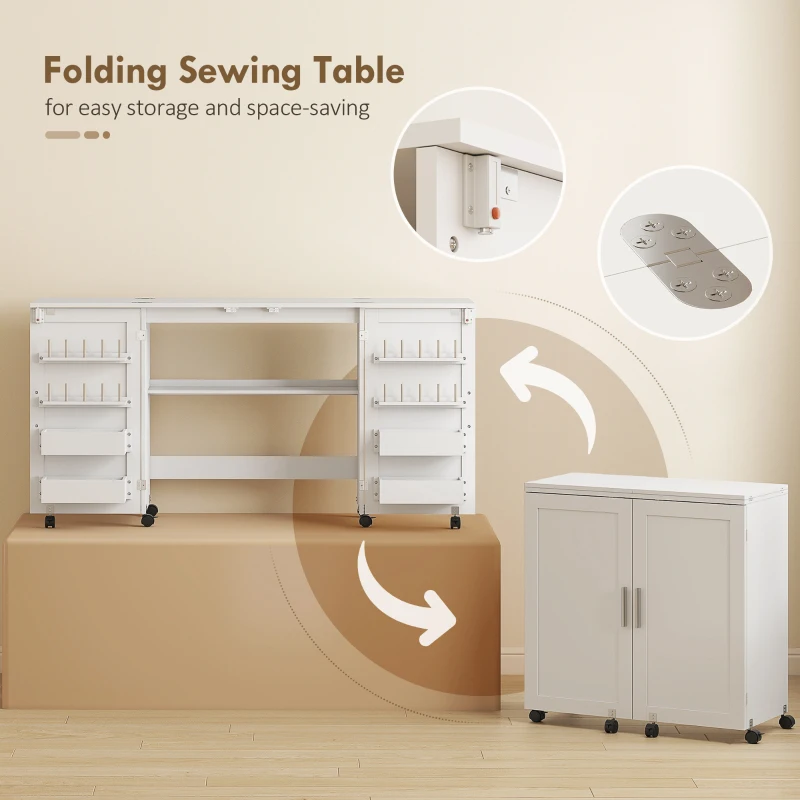 HOMCOM Folding Sewing Table with 2 Magnetic Doors, Storage Shelf, Lockable Wheels, Space Saving, White