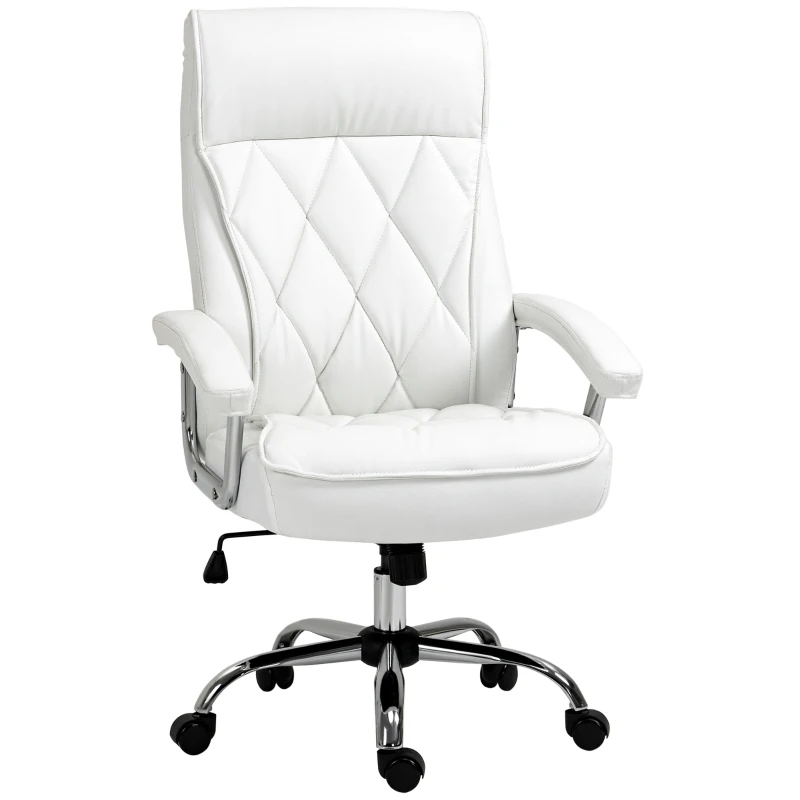 Vinsetto bureaustoel kantoorstoel gaming stoel draaistoel ergonomisch met wipfunctie in hoogte verstelbaar ruitpatroon modern elegant luxe PU leer metaal schuim wit 66x69x121 cm