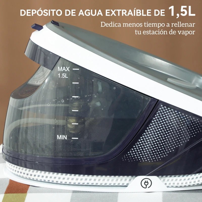 HOMCOM Centro de Planchado 2600W 100 g/min 8 Bares Función ECO Suela de Cerámica Sistema Antical Depósito Extraíble 1,5 L Azul