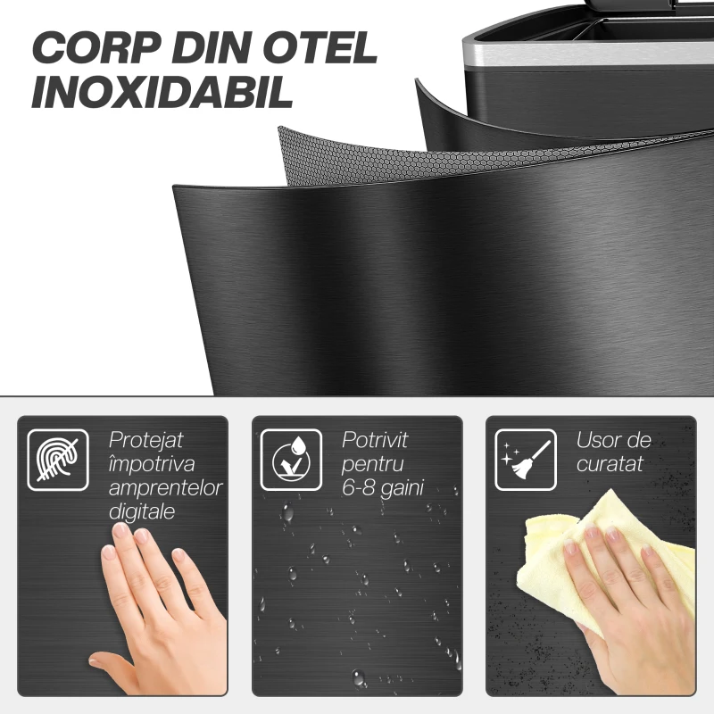 HOMCOM Coș de Gunoi cu 2 Secțiuni de 20L cu Capac Silențios, din Oțel Inoxidabil și PP, 40x34.8x59 cm, Negru