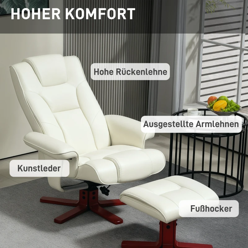 HOMCOM Relaxfauteuil met hocker, lederlook, kantelbare leuning, tot 150 kg, Crèmewit