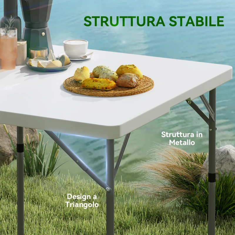 Outsunny Tavolo da Campeggio Pieghevole con 2 Altezze Regolabili in HDPE e Metallo, 86x86x74 cm, Bianco