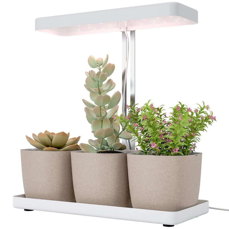 Outsunny Lămpi pentru Plante cu 42 de Lămpi LED, 3 Ghivece, Temporizator și Iluminare Reglabilă, 45x18,8x47,8 cm, Alb