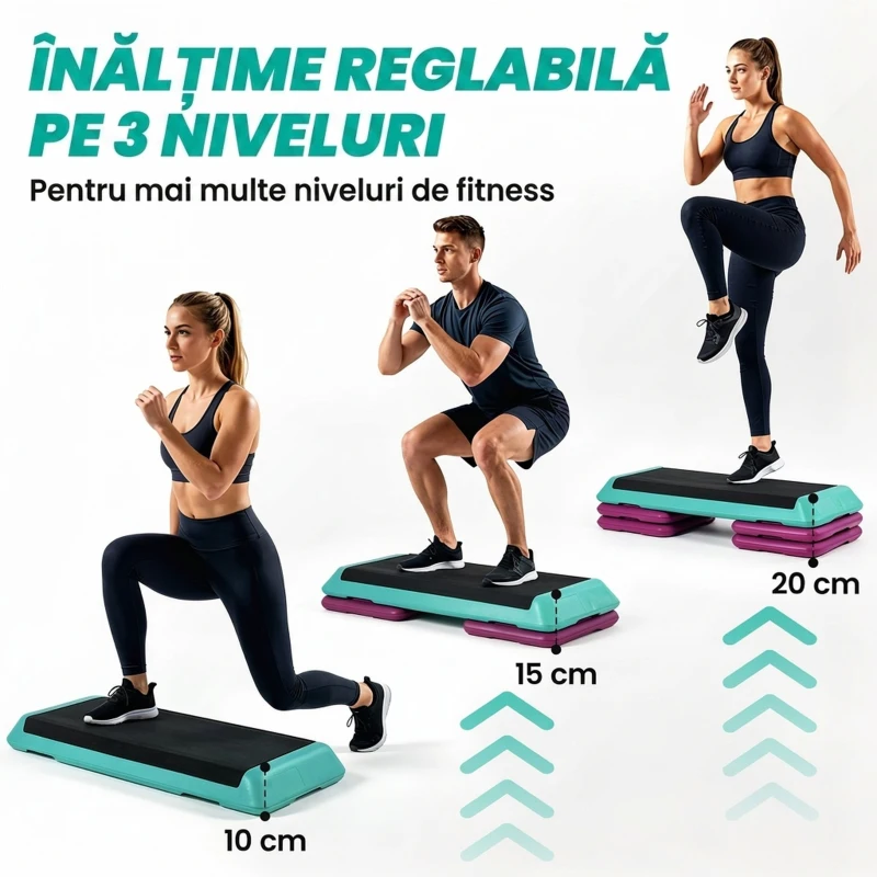 HOMCOM Stepper aerobic antiderapant și reglabil pe 3 niveluri, din plastic și PP, 110x40x20 cm, multicolor
