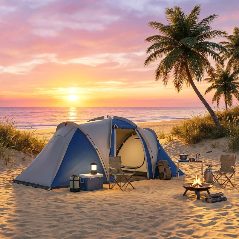 Outsunny Tente de Camping Double Couche Tunnel Familiale 4-5 Personnes 2 Chambres et Séjour pour 12 Personnes Bleu