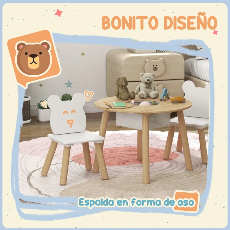 AIYAPLAY Conjunto Infantil de Mesa y 2 Sillas de Madera con Respaldo en Forma de Oso y Espacio de Almacenaje para Niños 3-6 Años