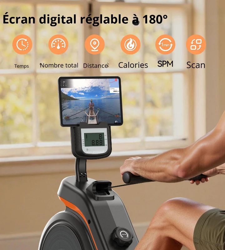 Rameur magnétique, ultra-silencieux, 16 niveaux de résistance, rangable/pliable, 134x48x83 cm, Noir