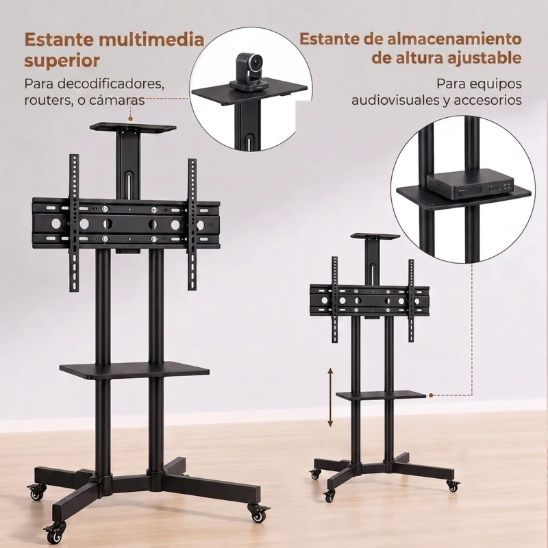 HOMCOM Soporte TV con Ruedas para 32-75" Altura Regulable Inclinación ±15° y 2 Bandejas Negro