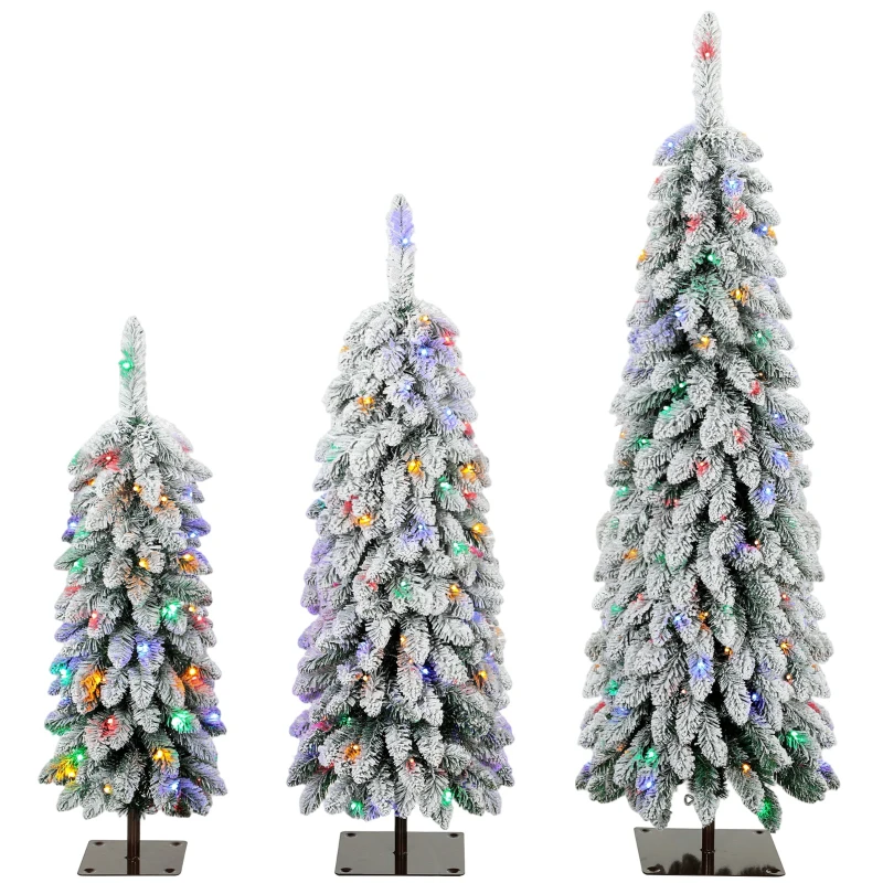 HOMCOM Artificial Christmas Tree Set of 3, Snowy Pre-Lit Christmas Tree with PVC Branch Tips, 90/120/150 cm, Green White
