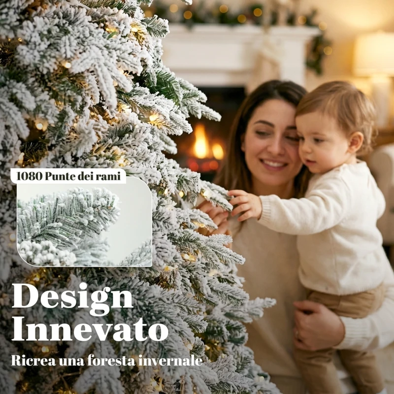 HOMCOM Albero Natale Innevato 210 cm con Luci LED 450 Bianco Caldo, Timer, Telecomando, 8 Modalità, 1080 Rami Ignifughi