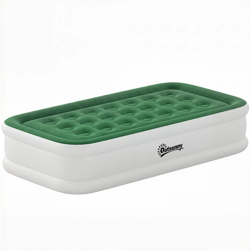 Outsunny Inflatable Mattress, Single Air Bed with Built-in Electric Pump, 3 Mins Inflation, Flocked Surface, Dark Green