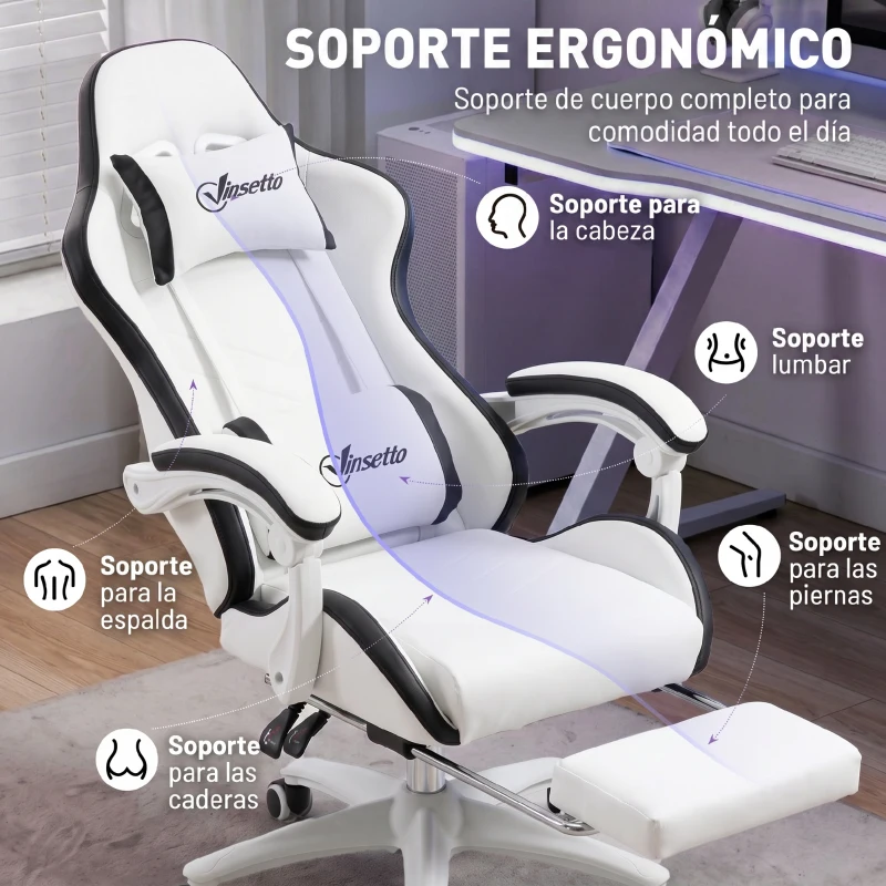 Vinsetto Silla Gaming Silla Gamer de Cuero PU Altura Ajustable Reclinable 135° Reposacabezas y Reposapiés 65x65x121-129 cm Blanco