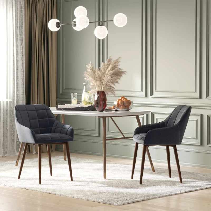 HOMCOM 2 Pieces Linen-Touch Fabric Dining Chair with Grid Pattern Cushion and Backrest, Mid Back Leisure Chair with Steel Leg, Sponge Padded Armchair for Dining Room