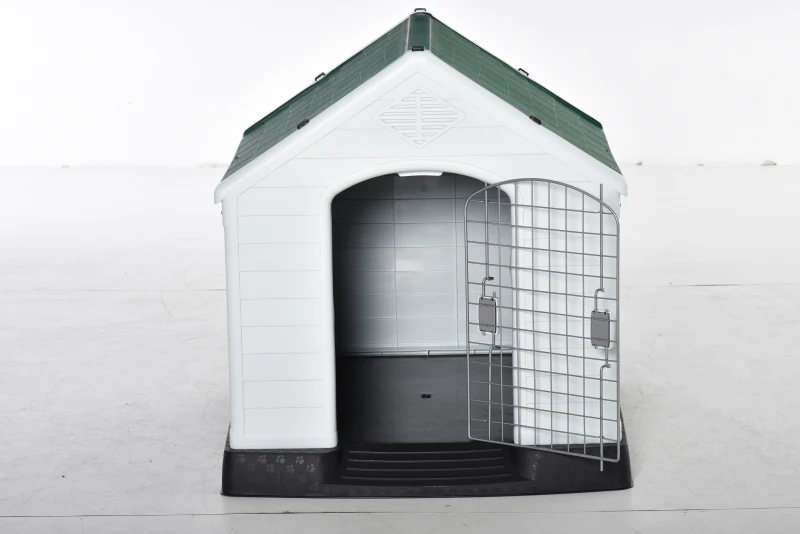 PawHut Caseta de Perro Casa para Perros Medianos con Puerta Metálica con Cerradura Techo Inclinado Base Elevada para Interior Exterior 78x87x81 cm Blanco y Verde