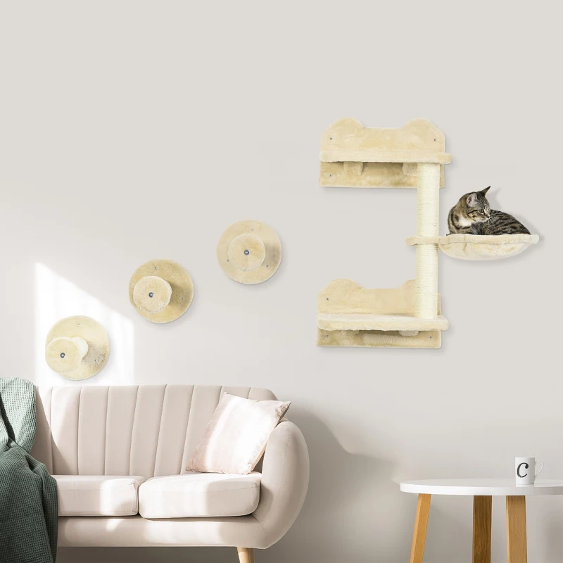 PawHut klimtrappen, klimmuur, kattentrap, 4 stuks Set, met krabpaal, hangmat, beige+roomwit, 40 x 28 x 73 cm