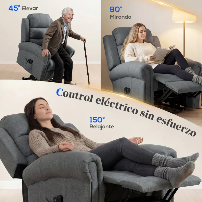HOMCOM Sillón Relax Reclinable Eléctrico Levanta Personas con Masaje Vibratorio y Calor Control Remoto Gris