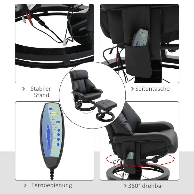 HOMCOM Massagestoel met voetenbank, 10 trilpunten, 145° verstelbare rugleuning, zwart