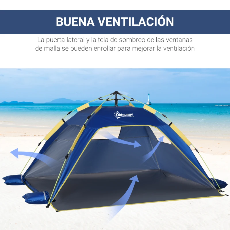Outsunny Carpa de Playa Pop-up para 1-2 Personas con 2 Accesos y 2 Ventanas y Bolsa de Transporte 220x173x120 cm Azul Oscuro