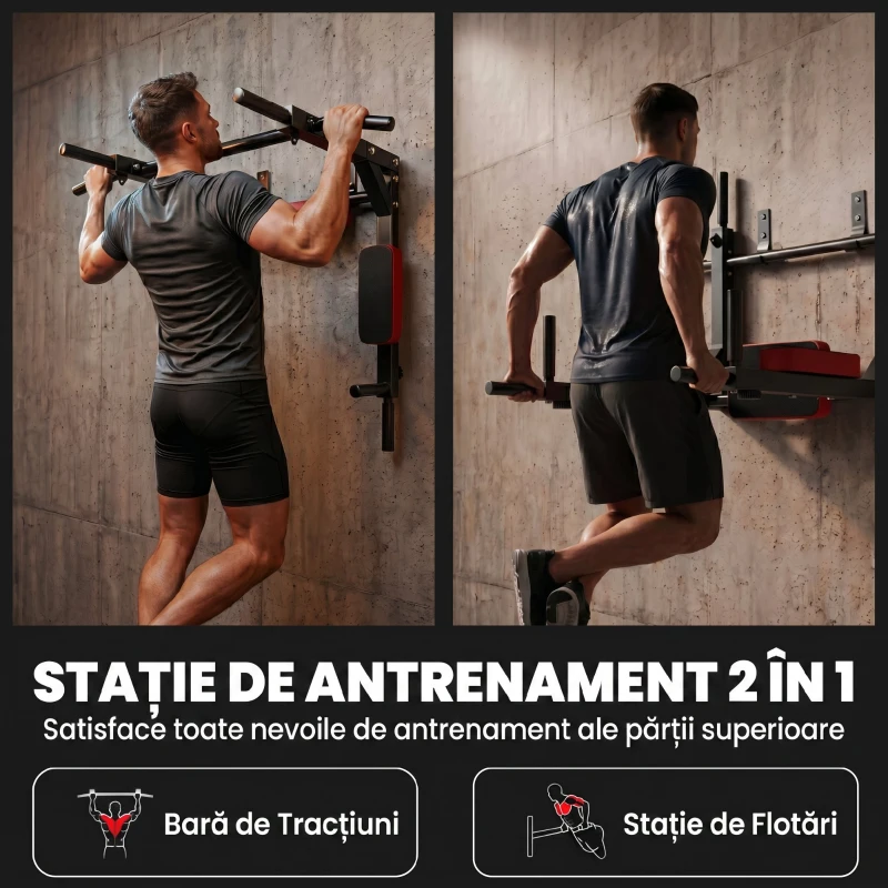 SPORTNOW Stație 2 în 1 pentru Perete, Tracțiuni și Dip, 200 kg, Roșu