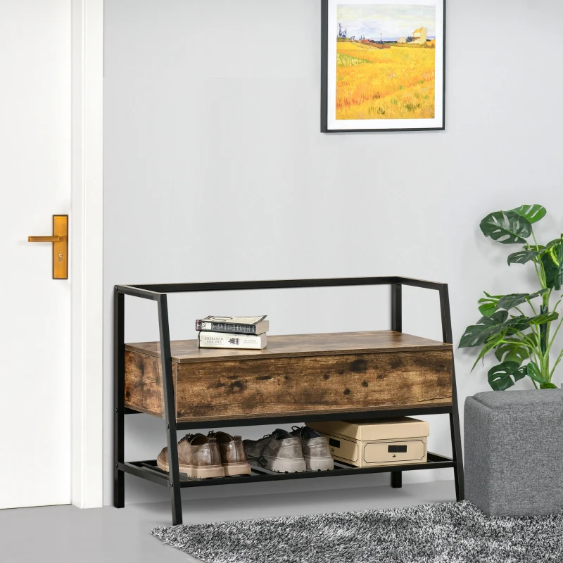 HOMCOM Mobile Scarpiera in Stile Industriale con Vano, Panca Scarpiera Vintage Salvaspazio in Legno e Metallo, Marrone Rustico, 90x37x60cm