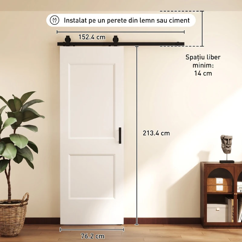 HOMCOM Ușă Culisantă de Interior din Lemn de Pin cu Șină Silențioasă, Ghidaj, Kit Accesorii, Alb