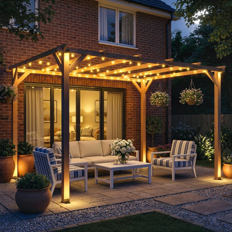 Outsunny 4 x 3 m Wooden Pergola Kit, Garden Pergola Gazebo Grape Trellis with Triangle Supports, 6 Beams, Maple Wood-effect