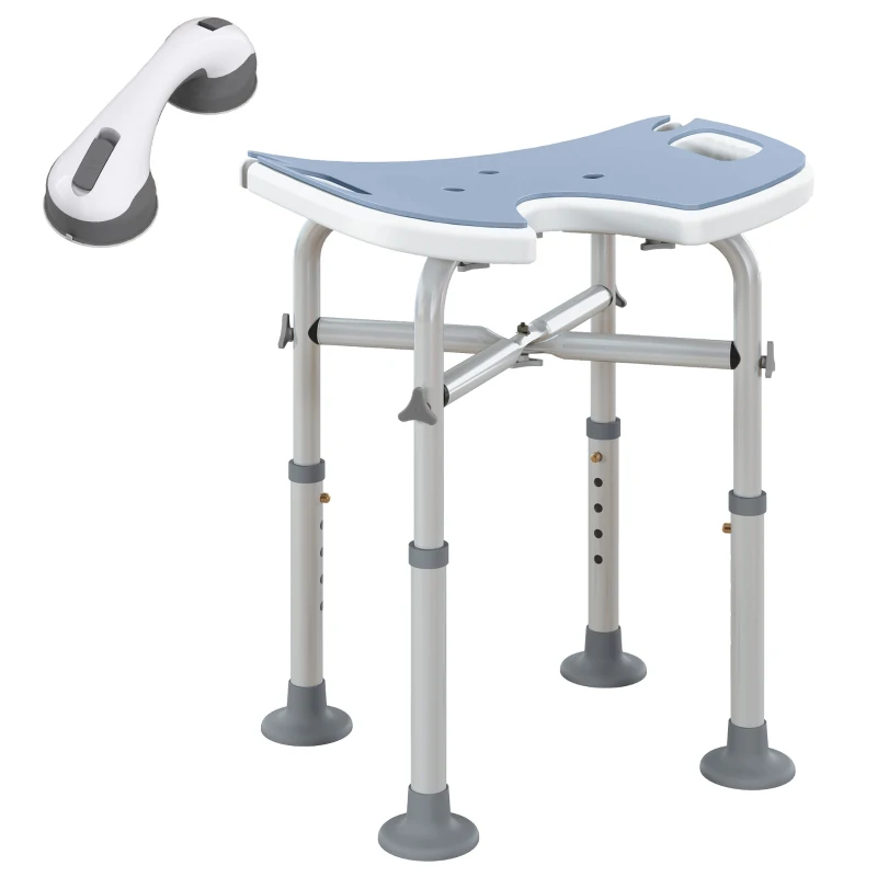 HOMCOM Taburet de duș, Înălțime reglabilă 39-51,5 cm, Bară de sprijin cu ventuze, Patine cu ventuză, Albastru deschis