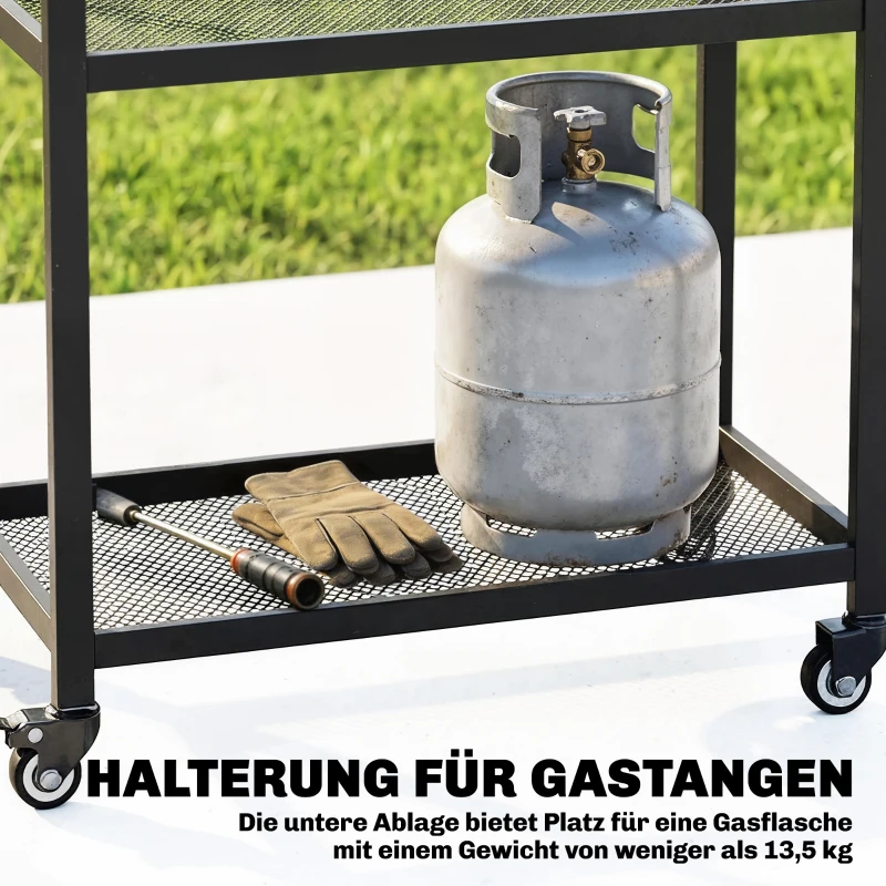 Outsunny Grillwagen 3-laags serveerwagen met verstelbaar werkblad, planken, haken en wielen 77 x 51 x 80 cm Zwart