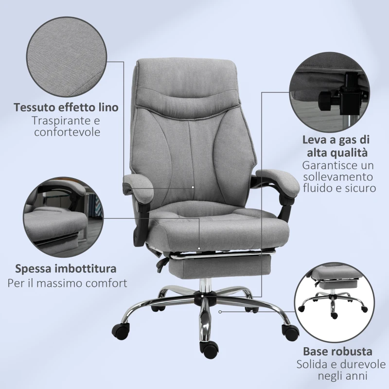 Vinsetto Sedia da Ufficio Ergonomica Girevole, Sedia da Scrivania con Rotelle, Poggiapiedi Retrattile e Reclinabile 135°, Altezza Regolabile, Grigio