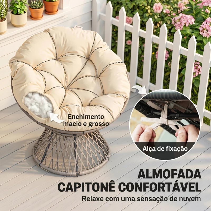 Outsunny Poltrona Papasan Giratória de Vime Sintético com Almofada e Estrutura de Aço para Jardim Pátio 87x97x90 cm Cinza e Creme