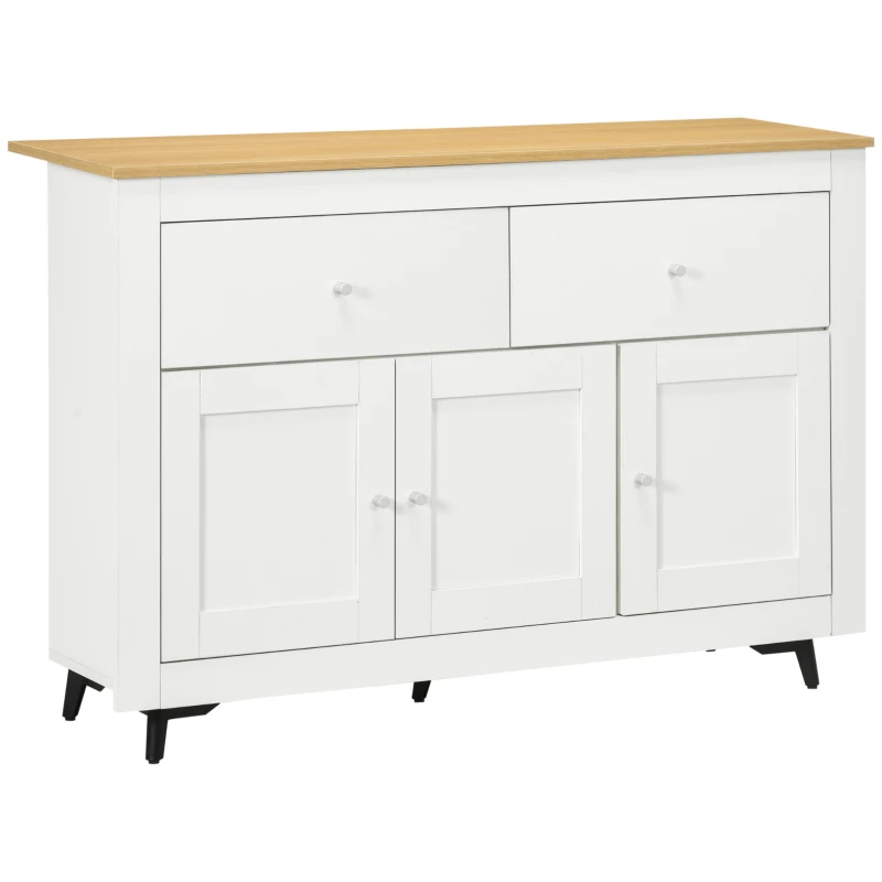 HOMCOM Aparador con 2 Cajones 3 Puertas Estante Ajustable Mueble Auxiliar de Cocina 117x35x80 cm Blanco