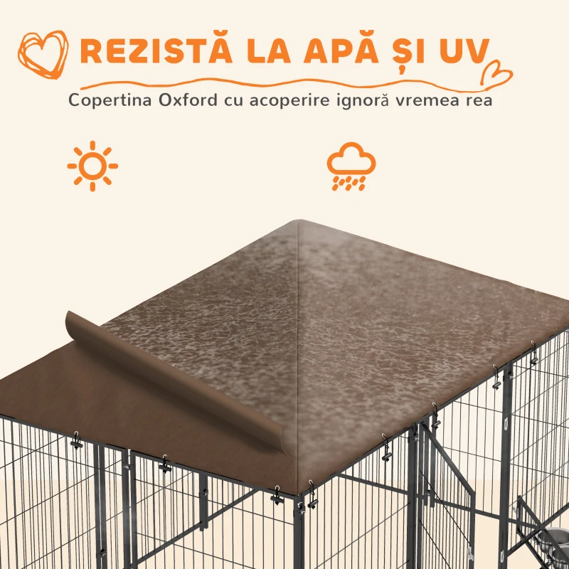 PawHut Țarc pentru câini din metal și material Oxford cu ușiță pentru boluri, 211x141x151 cm, negru și maro