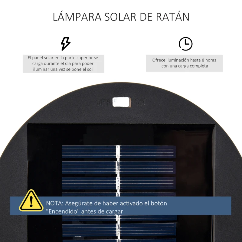 Outsunny Linterna de Jardín de Ratán Sintético Farola Solar Exterior con Luces LED Encendido y Apagado Automático Impermeable para Terraza Balcón Patio Ø21,5x61 cm, Negro