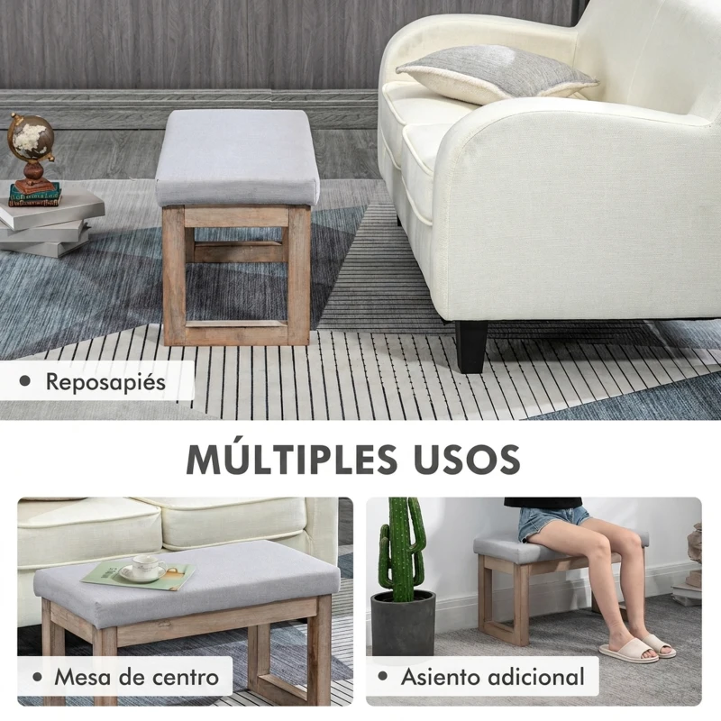 HOMCOM Reposapiés de Salón Taburete Bajo Tapizado en Lino Sintético con Estructura de Madera para Sala de Estar Gris