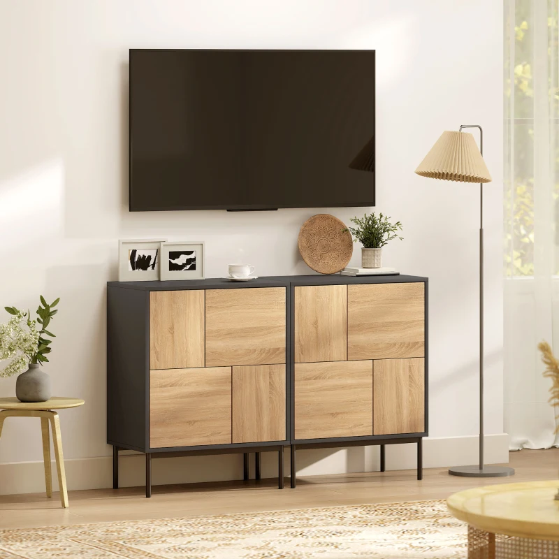 HOMCOM Dressoir met push-to-open-deuren, eetkamerkast met metalen poten, keukenkast, MDF, Zwart+Natuurhout(m-9)