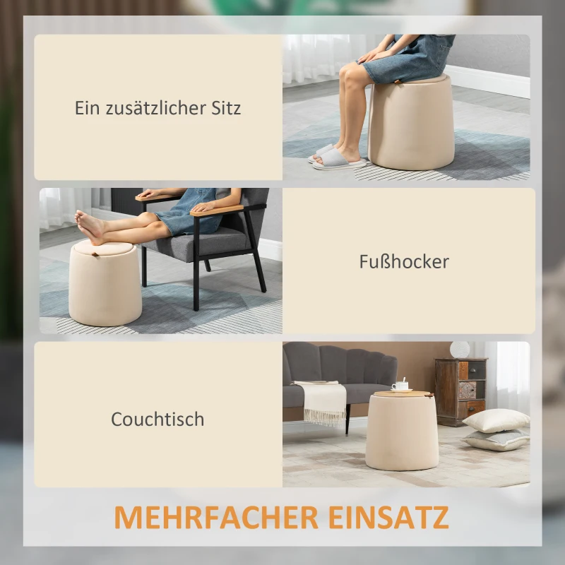 HOMCOM 2-in-1 Ottomaanse kruk, ronde gestoffeerde kruk, voetenbank met opbergruimte, afneembaar deksel in fluweellook, bijzettafel voor woonkamer, slaapkamer, beige, Ø44 cm x 47,5 cm