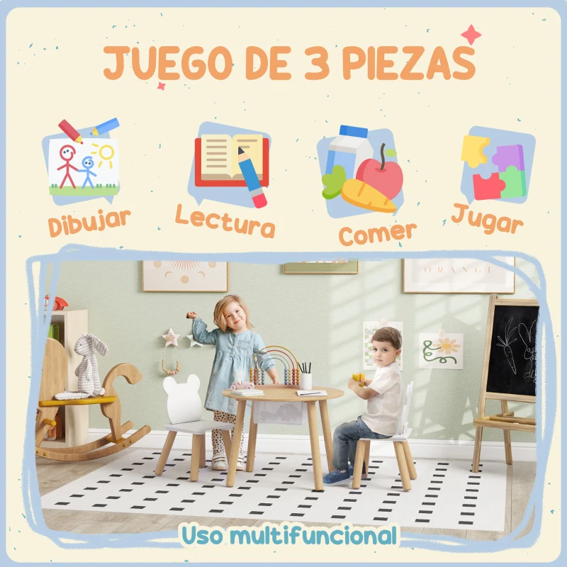 AIYAPLAY Conjunto Infantil de Mesa y 2 Sillas de Madera con Respaldo en Forma de Oso y Espacio de Almacenaje para Niños 3-6 Años