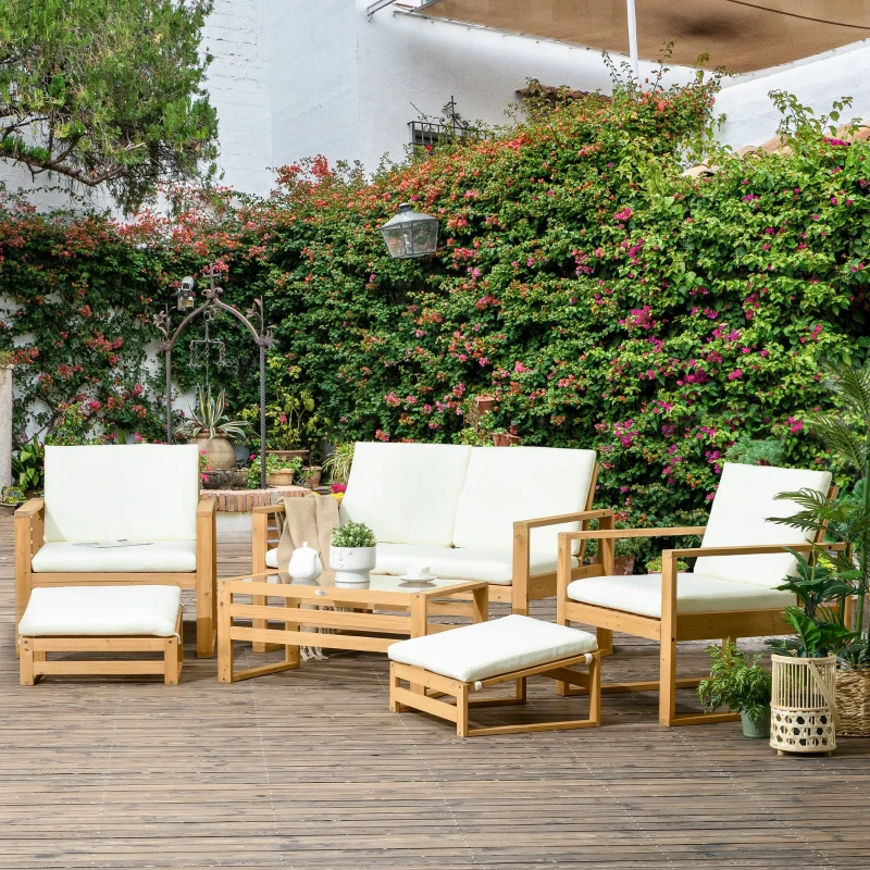 Outsunny Salon de Jardin en bois 6 pièces pour 4 personnes 2 fauteuils + 1 canapé + 1 table basse + 2 repose-pieds beige