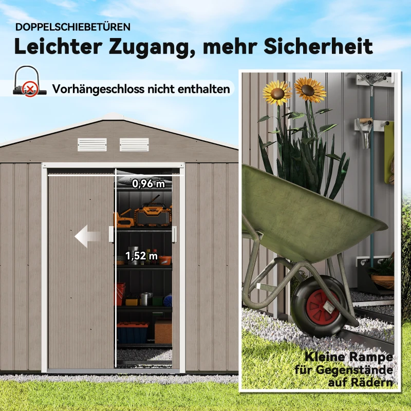 Outsunny Tuinschuur met 2 Schuifdeuren, 4 Ramen, Weerbestendig, Metalen Constructie, 2,7 x 1,9 x 1,9 m, Bruin