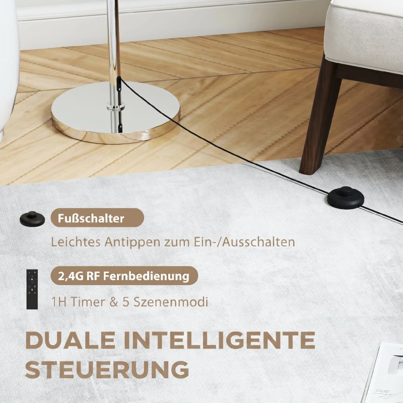HOMCOM Staande Lamp met Afstandsbediening, Hoogte Verstelbaar, Stoffen Kap, Metalen Standaard, Aanpasbare Helderheid, Voetschakelaar, Beige