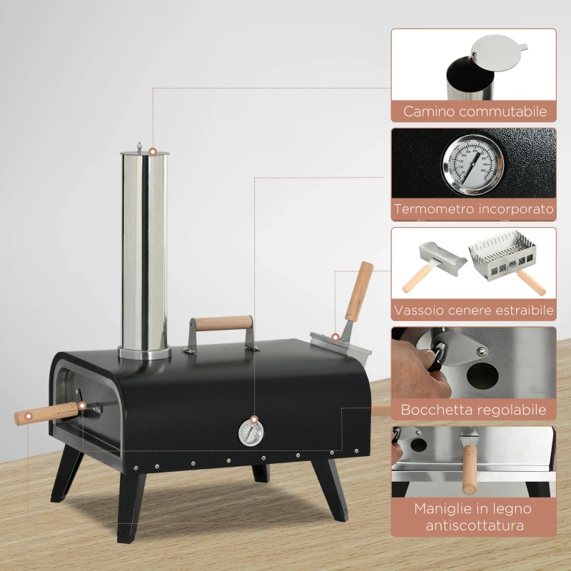Outsunny Forno per Pizza Pieghevole e Portatile con Pala e Pietra, in Acciaio e Legno, 81x40x72 cm, Nero