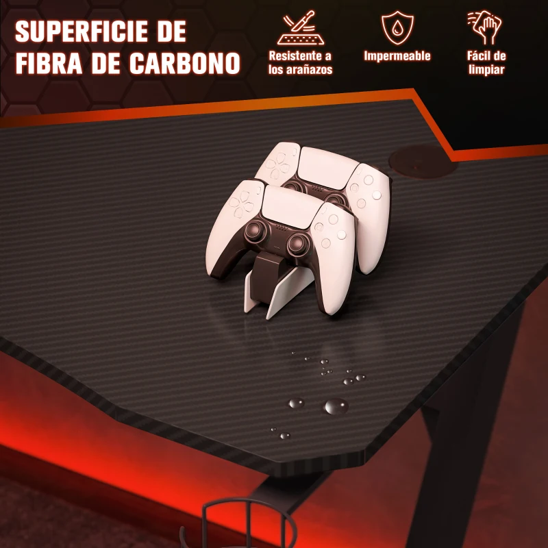 HOMCOM Mesa Gaming 120x65x74,5 cm Escritorio Ergonómico Gaming desk para Computadora PC con Portavasos Gancho para Auriculares y Pies Ajustables Efecto de Fibra de Carbono Negro